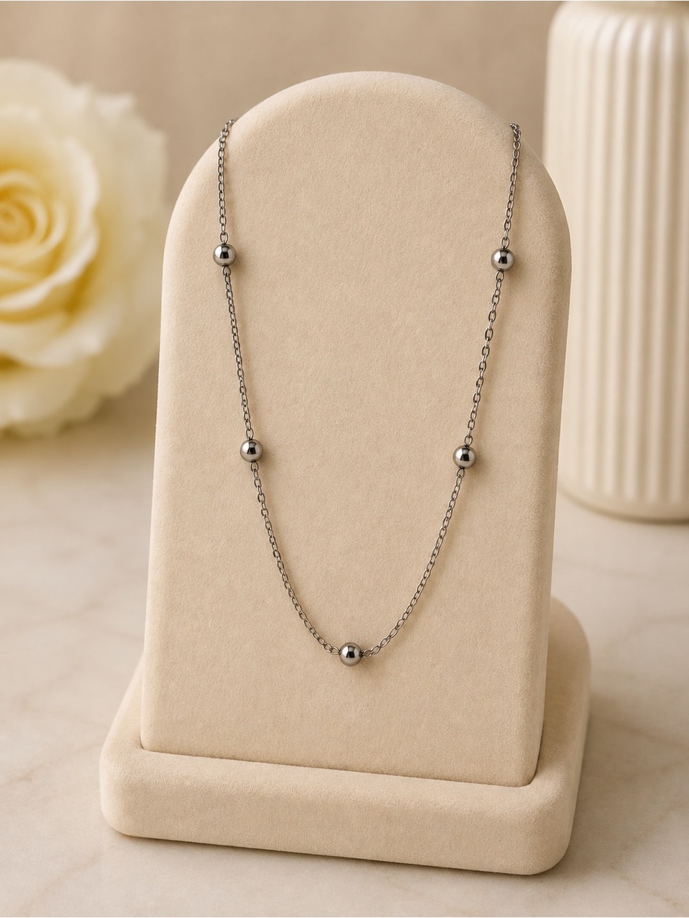 Silver Ball Station Necklace - Classic Silver Women Jewelry steel 316L , 18”